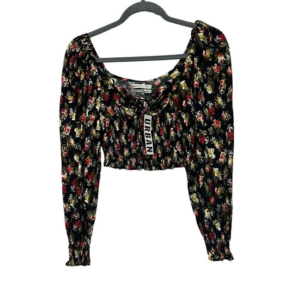 Urban outfitters black floral smocked long sleeve blouse size XS